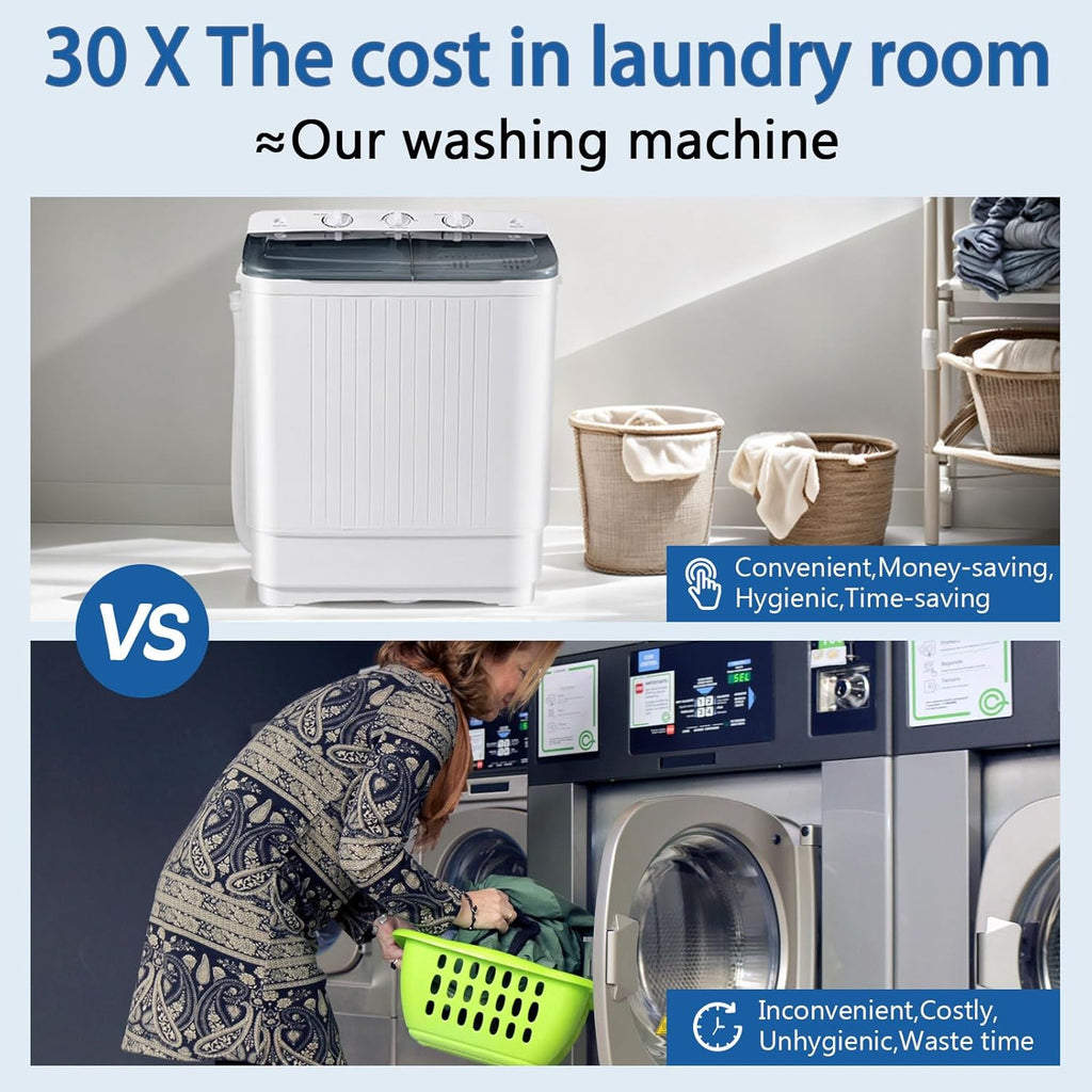 Sportpulse Portable Washing Machine with Time Control, Mini Twin Tub 32lbs Capacity Laundry, 20lbs Washer & 12lbs Spinner, ideal for Camping, Apartments, RV (Black, 32lbs)