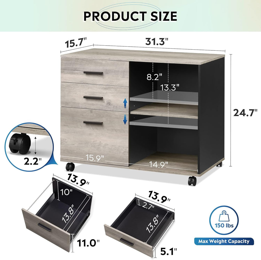 DEVAISE 3 Drawer Mobile File Cabinet, Wood Lateral Filing Cabinet, Printer Stand with Open Shelves for Home Office, Greige