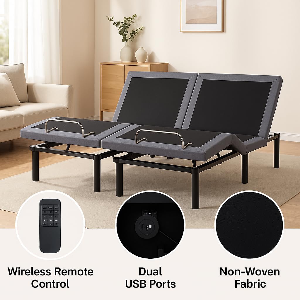 Naomi Home Idealbase Split King Adjustable Bed Base with Massage, USB Ports, Under-Bed Light, Wireless Remote, 800 Lb Capacity, Gray Metal Frame, Easy Setup for Couples' Personalized Comfort