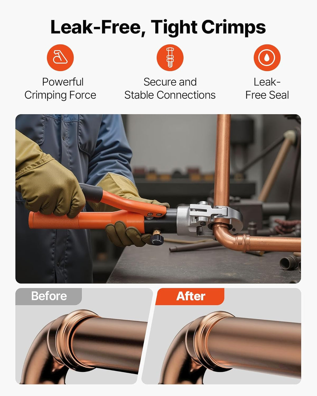 VEVOR Copper Pipe Crimping Tool, Hydraulic Driven Pro Press Tool with 1/2", 3/4", 1" Jaws, Copper Tube Fittings Crimper for Narrow Spaces, Straight & Bend Fittings - with Carrying Case
