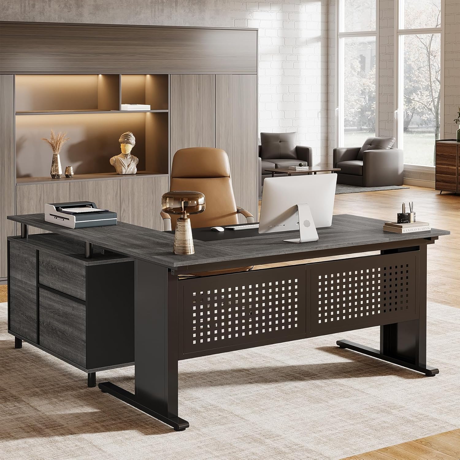 Tribesigns 63-Inch L-Shaped Executive Desk with Storage Shelves, Large Office Computer Desk with Drawers and File Cabinet, Industrial Business Workstation for Home Office, Gray and Black