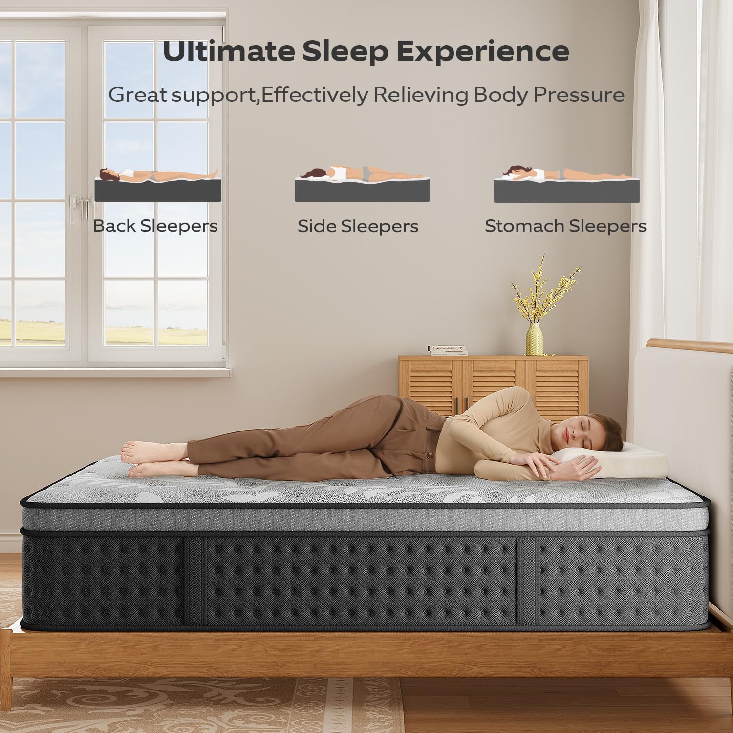 Full Mattress,12 Inch Hybrid Mattress with Gel Memory Foam, Individually Pocket Innerspring Top Mattresses,5 Coils Strong Edge Support, Used for Motion Isolation,100 Night Trial.
