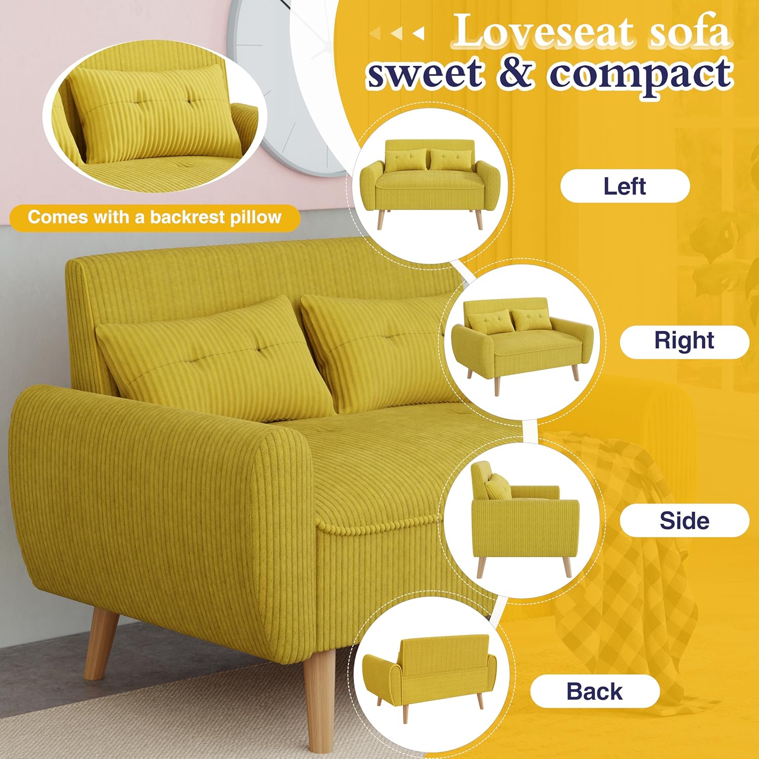 JAMFLY 47'' Small Loveseat Sofa, 2 Seat Compact Couch with Tapered Legs, Yellow Upholstered Furniture, Solid Wood Frame, Comfy Foam Cushion, Easy Assembly for Small Spaces