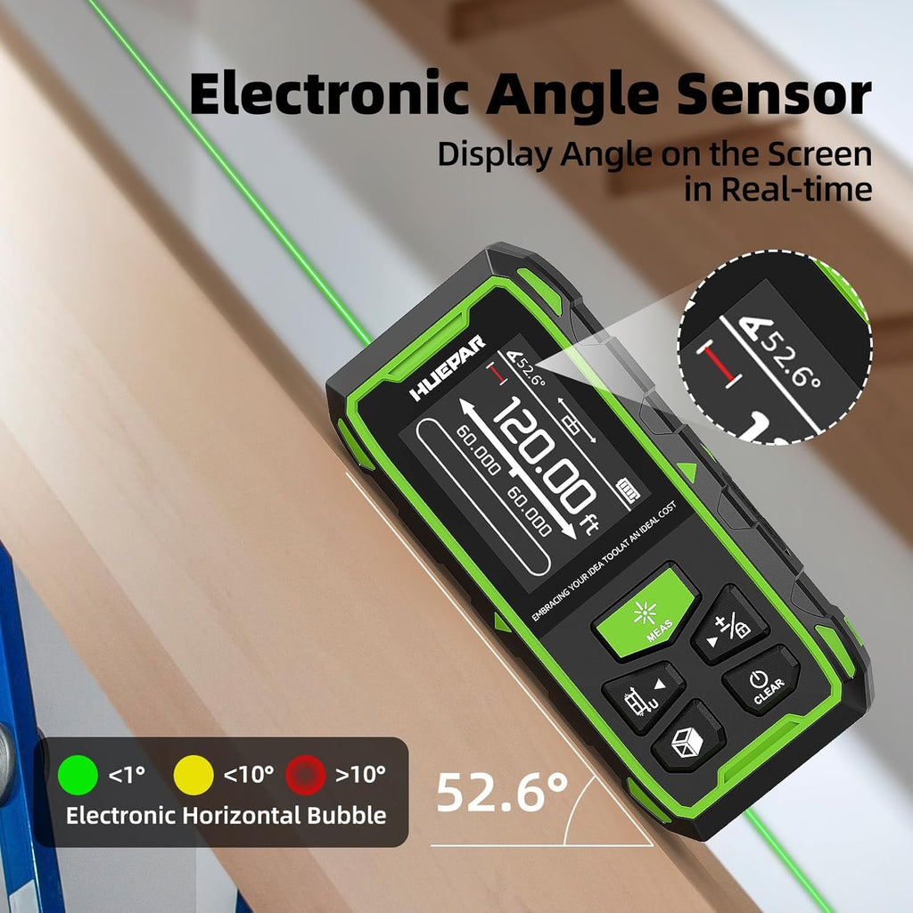 Huepar Dual Laser Measuring Tool, 656Ft Green-Beam Bilateral Digital Laser Distance Measure 6 Units Ft/in/M, Rechargeable Laser Measurement Tool -Backlit LCD Display, Length/Area/Volume/Angle Sensor