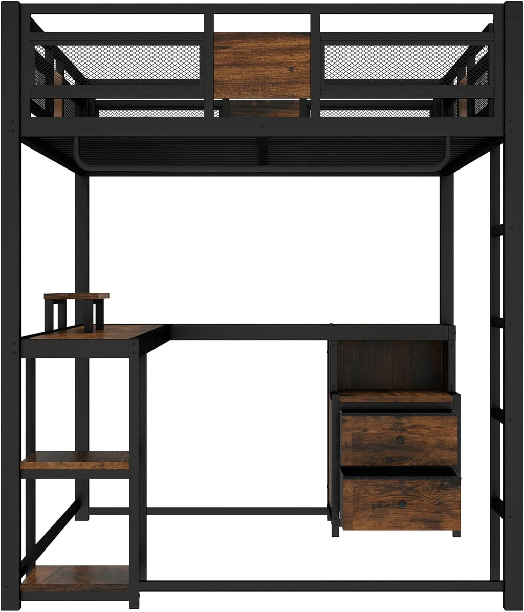 Bellemave Queen Loft Bed with Desk and Fabric Drawer, Metal Queen Loft Bed Frame with guardrail and Ladder for Adults, Kids, Teens, Black