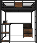 Bellemave Queen Loft Bed with Desk and Fabric Drawer, Metal Queen Loft Bed Frame with guardrail and Ladder for Adults, Kids, Teens, Black