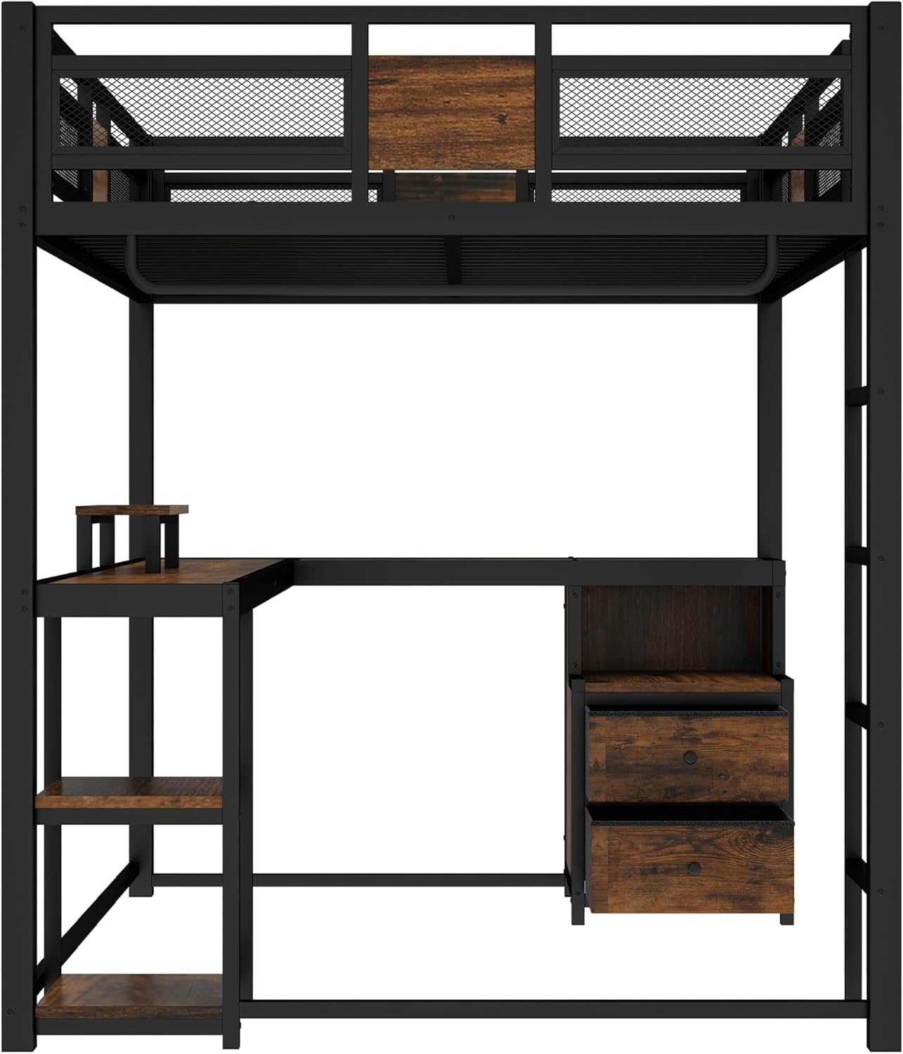 Bellemave Queen Loft Bed with Desk and Fabric Drawer, Metal Queen Loft Bed Frame with guardrail and Ladder for Adults, Kids, Teens, Black