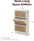 mopio Hannah Shoe Cabinet, Natural Rattan Farmhouse Shoe Storage Organizer, 3 Door Closet Rack for Entryway, Spacious Hallway Storage Cabinet with Doors & Shelves, Sturdy Solid Wood Legs (Whitewash)