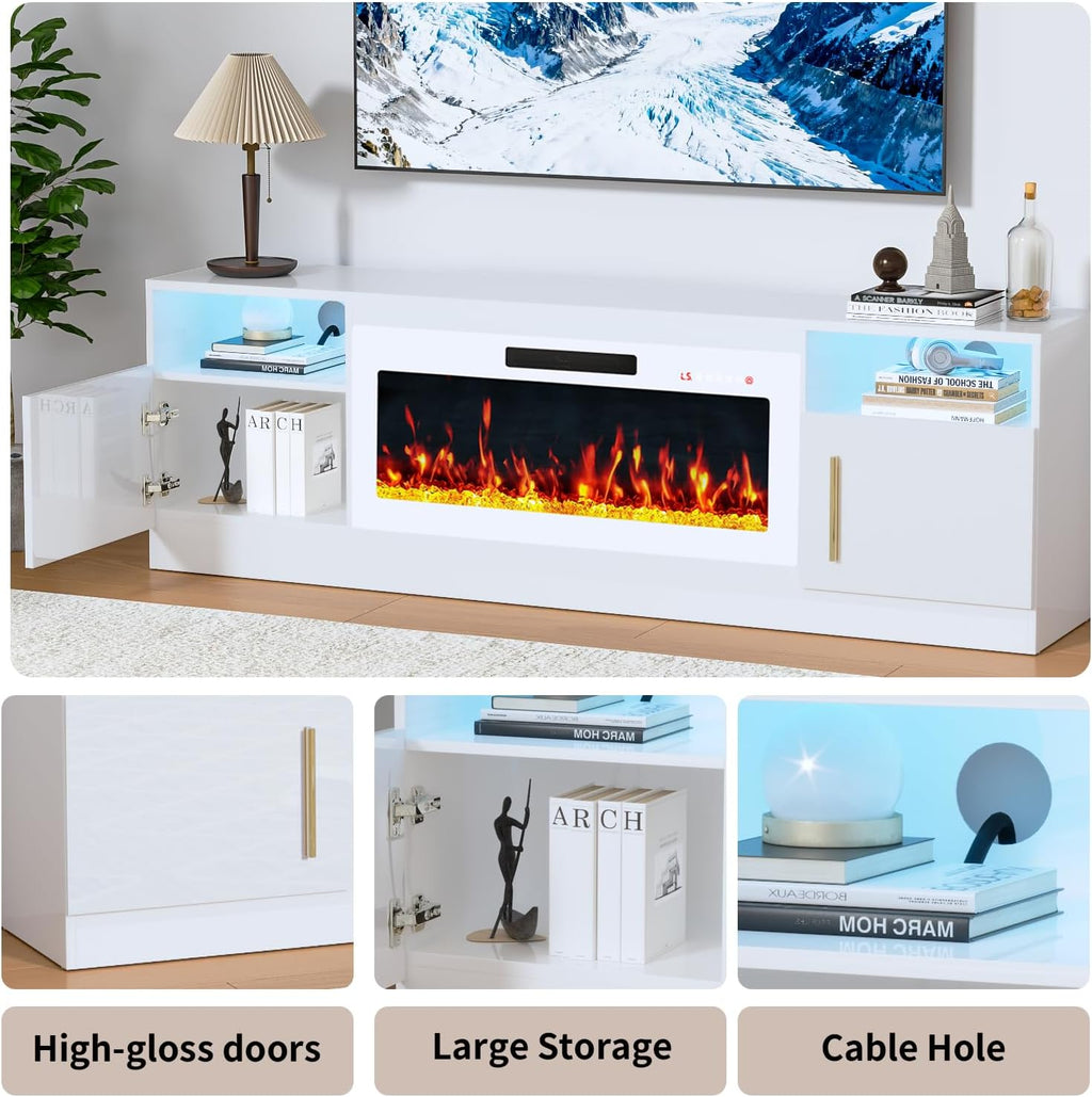 Fireplace TV Stand with 36" Fireplace Up to 80" TVs,70" Entertainment Center with LED Lights,Remote Control,TV Media Console with Storage Cabinets for Living Room, White+White