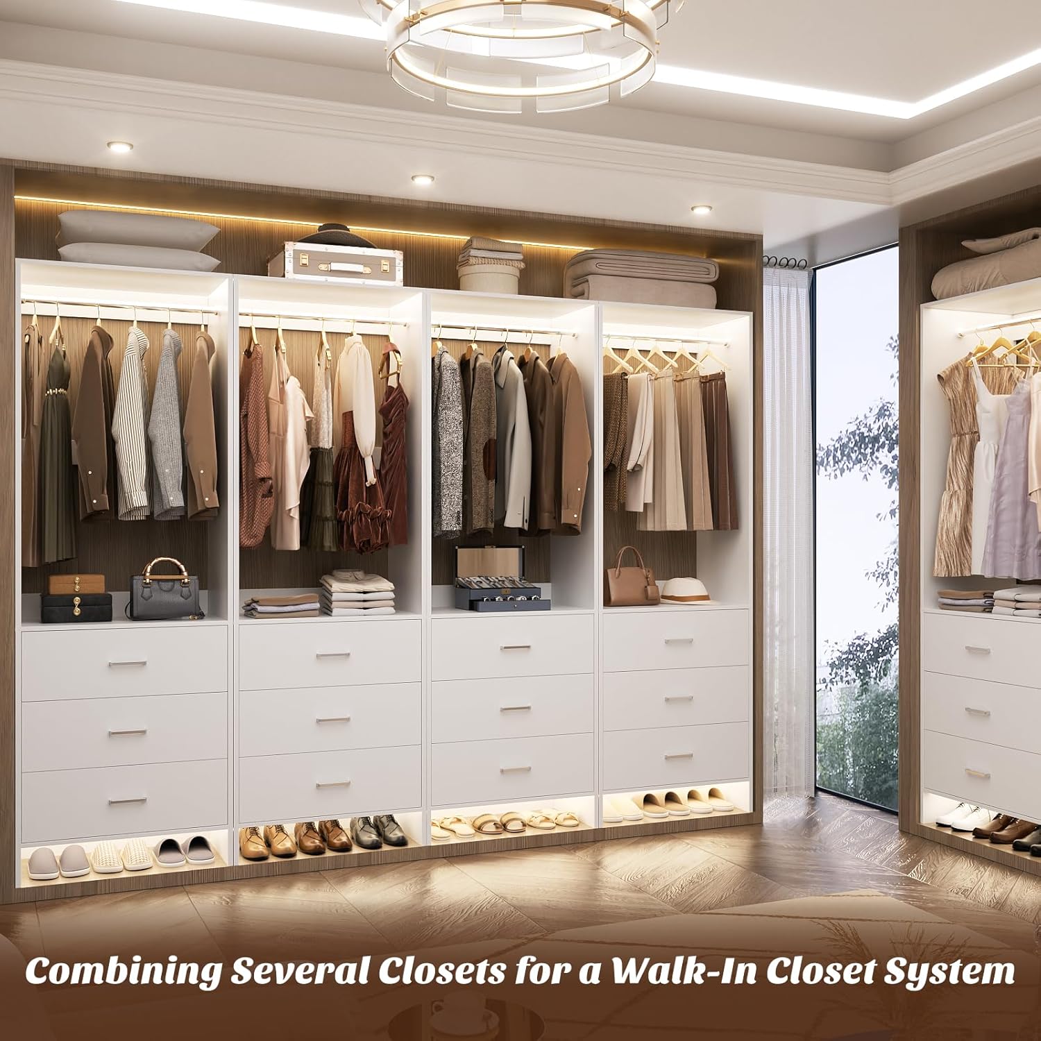 Aheaplus Closet System Closet Organizer, Wood Closet Organizer System, Walk-in Closet or Small Closets Wardrobe, Clothes Rack with Hanging Rods, 4FT Closets, Set of 2, White