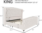 AMERLIFE King Size Platform Bed Frame, Velvet Upholstered Bed with Deep Button Tufted & Nailhead Trim Wingback Headboard/No Box Spring Required/Cream
