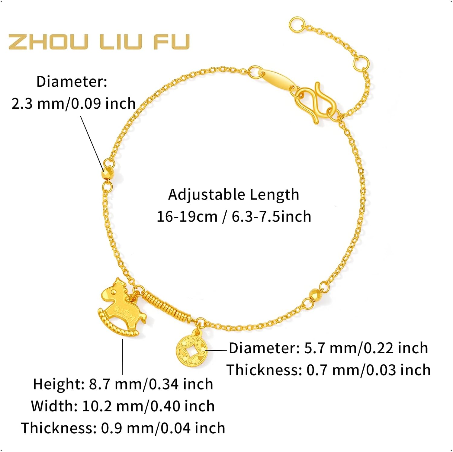 24K Real Gold Chain Bracelet Rocking Horse Pure Gold Coin Link Bracelets RICH Character Jewelry for Women Daughter Mom Gifts Birthday Valentine Anniversary 6.3-7.5"/16-19cm A0723991