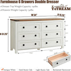T4TREAM Farmhouse 6 Drawers Dresser for Bedroom, Wood Rustic Wide Chest of Drawers, Storage Dressers Organizer for Bedroom, Living Room, Hallway, Antique White