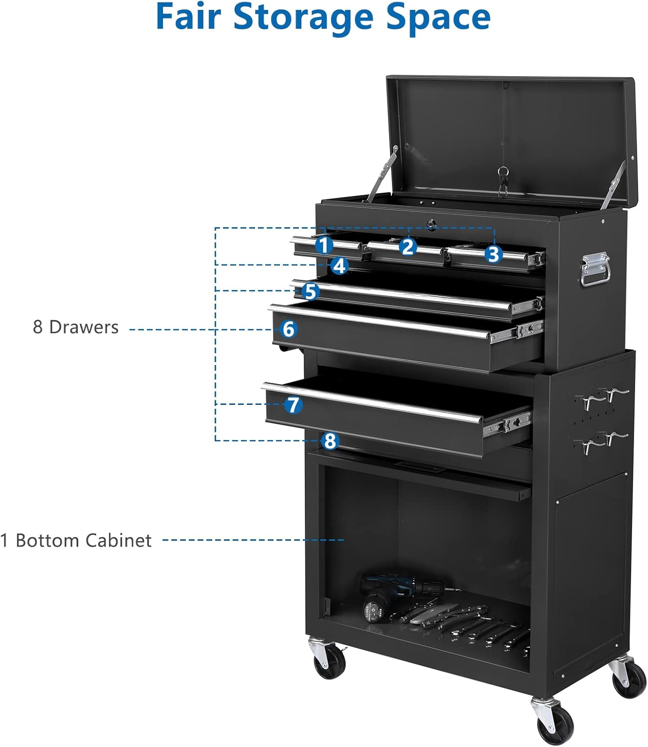 TUFFIOM 8-Drawer Rolling Tool Chest w/Lock, Tool Storage Cabinet w/Wheels, Detachable Top, Drawers & Drawer Liners, Tool Organizer Box for Garage, Warehouse & Repair Shop
