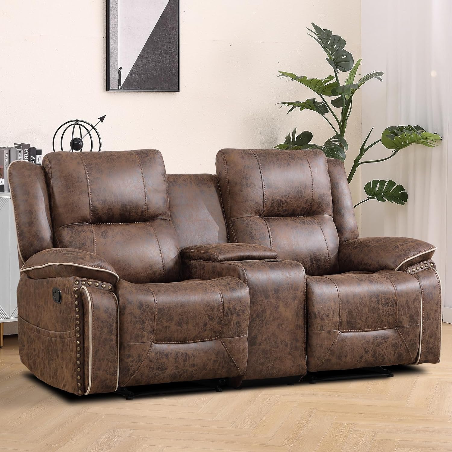 EBELLO Faux Leather Manual Recliner Loveseat, 2 Seater Reclining Sofa Chair with Center Console, Hidden Storage and Cup Holders, Vintage Rivet Mid-Century Design for Living Room, Meeting Room, Brown