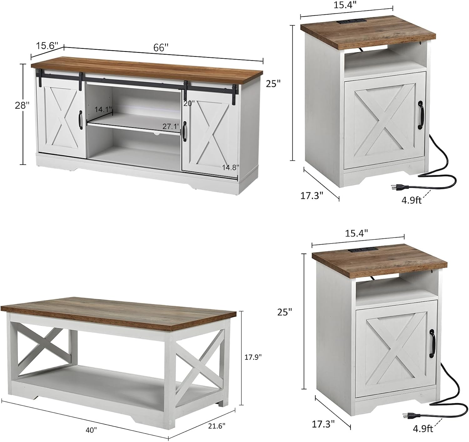 AMERLIFE 4-Piece Farmhouse Table Set Includes Sliding Barn Door TV Stand, Coffee Table& Two End Tables, Side Table with Charging Station and USB Ports, for Living Room, Distressed White, 66"
