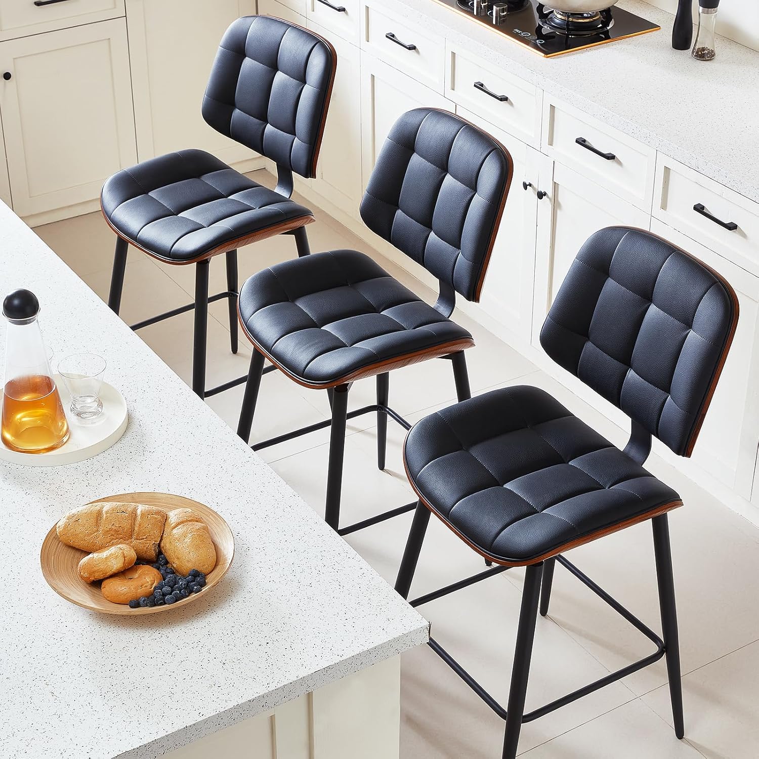 Mid Century Modern Bar Stools Set of 3 for Kitchen Island,Upholstered Black Faux Leather Counter Height stools,26 Inch Counter stools with Walnut Grain Back