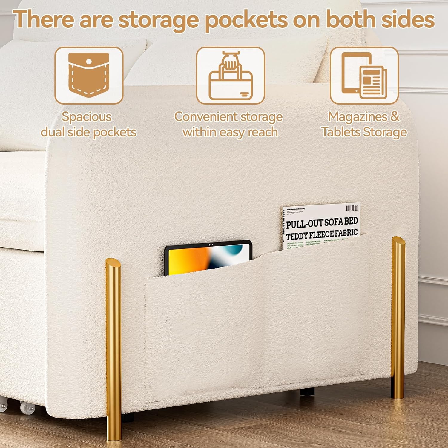 3-In-1 Convertible Sofa Bed with USB Ports, Pull Out Couch for Living Room Teddy Suede Fabric, Loveseat Sleeper Sofa with Side Pockets, 2 Pillows, Hide a Bed Couches for Small Spaces（US Fast Arrival）
