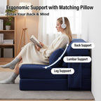 Folding Sofa Bed with Pillow, Convertible Sleeper Chair, Comfy Floor Futon Couch Mattress Lounge Sofa for Adults Portable Fold Out Chair Bed for Living Room Bedroom, Single, Navy Blue