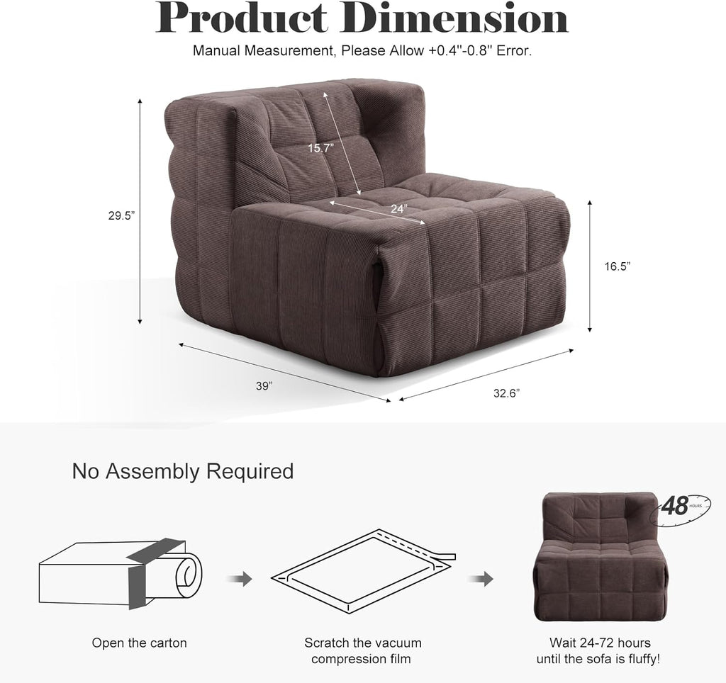 Corduroy Single-Seater Compression couch，boneless couch small for bedrooms and living rooms，comfy lazy floor sofa couch, designed specifically for small spaces in apartments and office (Coffee brown) | Boneless Design, Pull-point process