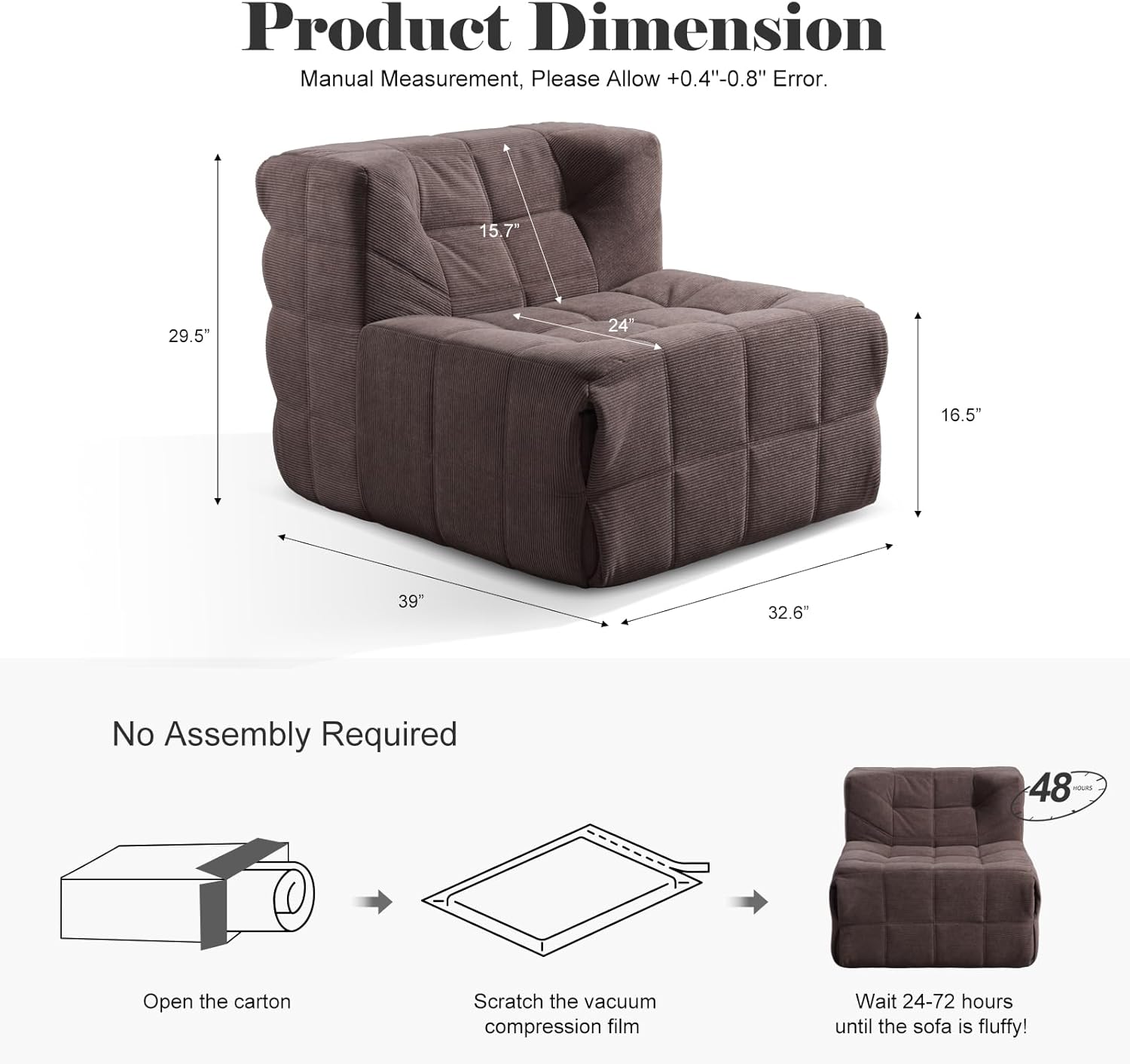 Corduroy Single-Seater Compression couch，boneless couch small for bedrooms and living rooms，comfy lazy floor sofa couch, designed specifically for small spaces in apartments and office (Coffee brown) | Boneless Design, Pull-point process