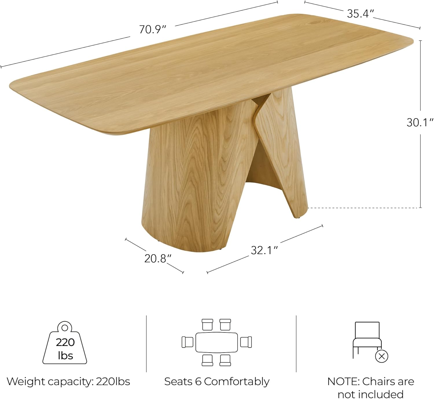 CHITA 71" Modern Dining Table for 6-8, Rectangle Dining Table with Bentwood Legs, Wood Dinner Table for Kitchen & Dining Room, Oak Venner