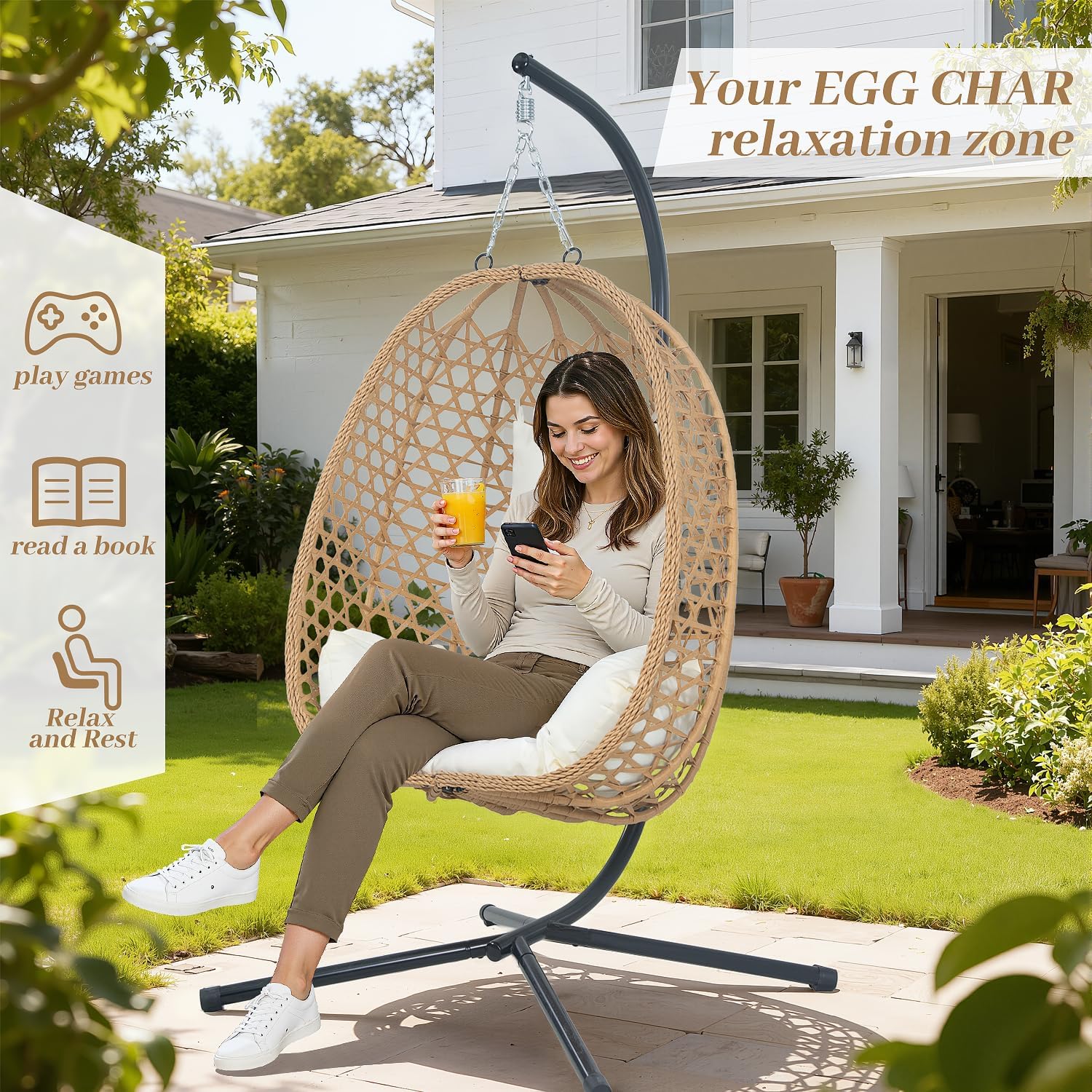 EortheX Hanging Egg Chair with Cushions – Comfortable Rattan Swing Chair with Stand for Patio, Garden, or Balcony – Stylish and Relaxing Outdoor Lounge Chair, 350LBS Capacity Indoor Outdoor (Beige)