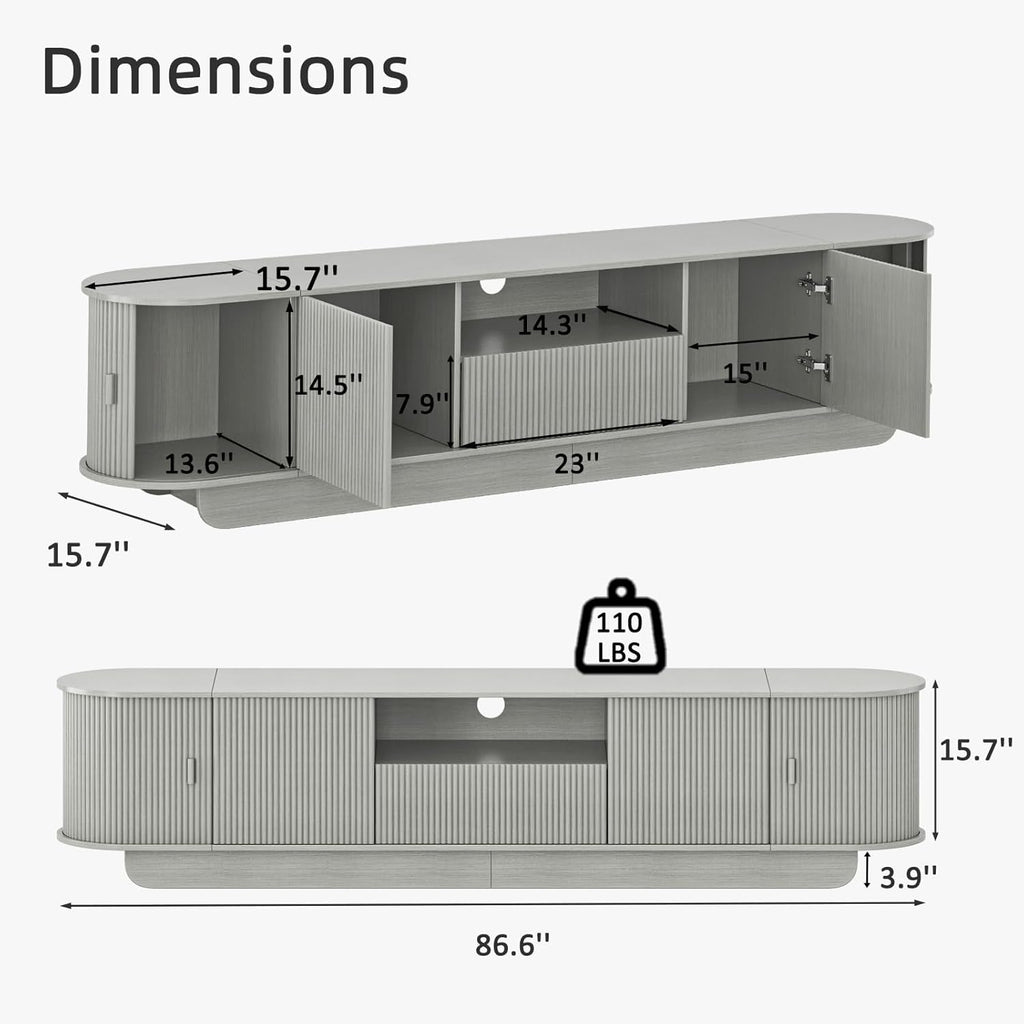 86.61'' Tambour TV Stand for 55-85 Inch, Entertainment Center with Large Storage Cabinet and Sliding Door,Curved Profile Design Media Console with Open Shelves for Living Room, Bedroom, Office, Grey