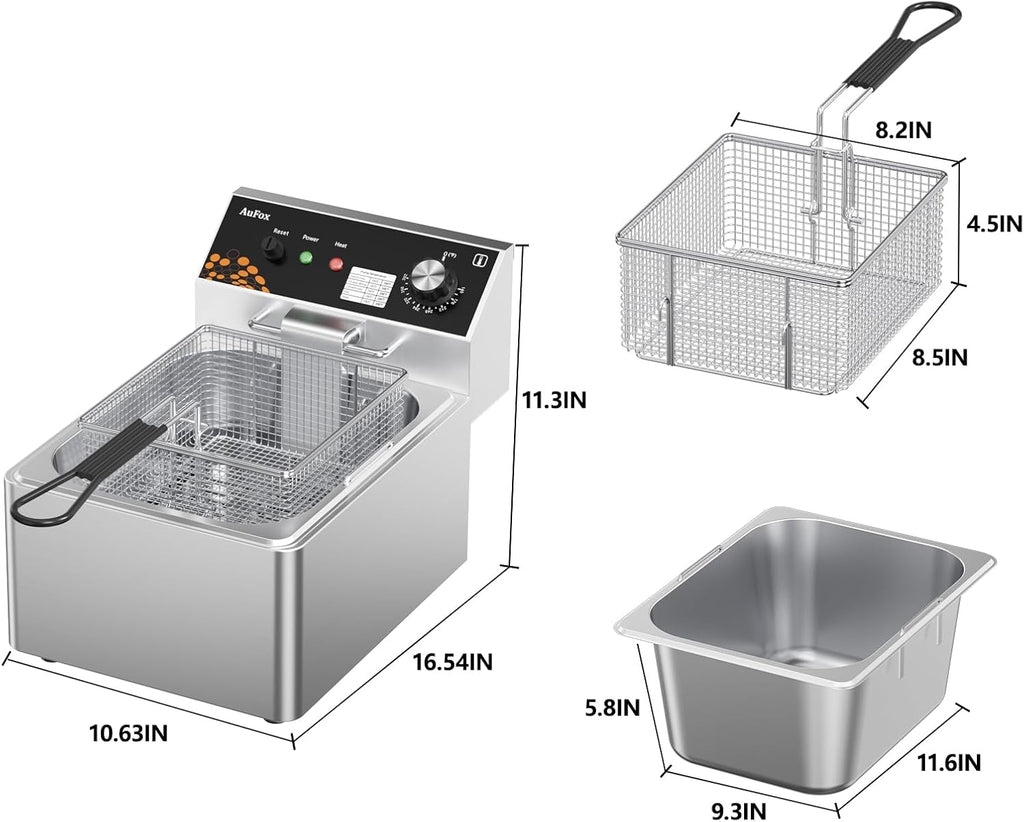Commercial Deep Fryer 10.56Qt Countertop Fryers 1.0mm Thickened Stainless Steel 1700W Electric Immersion Deep Fryer with Basket Adjustable Temperature for Home Kitchen Restaurant