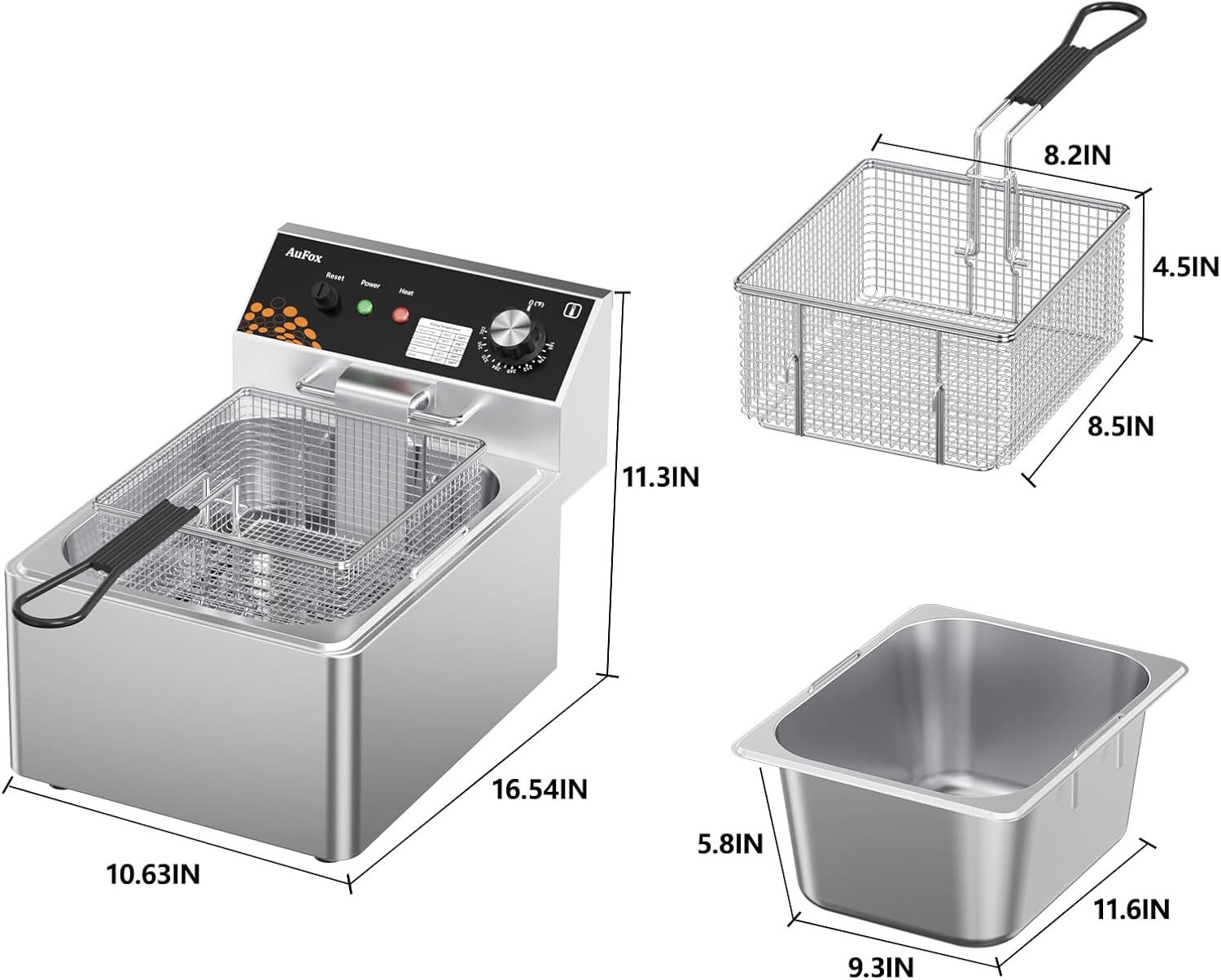 Commercial Deep Fryer 10.56Qt Countertop Fryers 1.0mm Thickened Stainless Steel 1700W Electric Immersion Deep Fryer with Basket Adjustable Temperature for Home Kitchen Restaurant