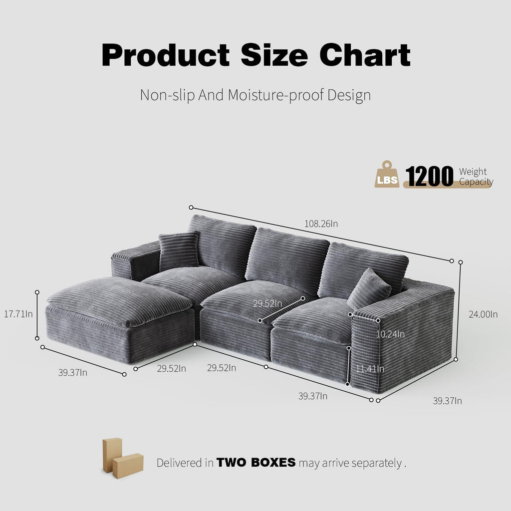 108" Plush Corduroy L Shaped Sectional Cloud Sofa Couch with Ottoman, Soft Deep Seat Modular Sectional Couches for Living Room,No Assembly. Grey