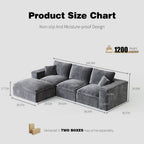 108" Plush Corduroy L Shaped Sectional Cloud Sofa Couch with Ottoman, Soft Deep Seat Modular Sectional Couches for Living Room,No Assembly. Grey
