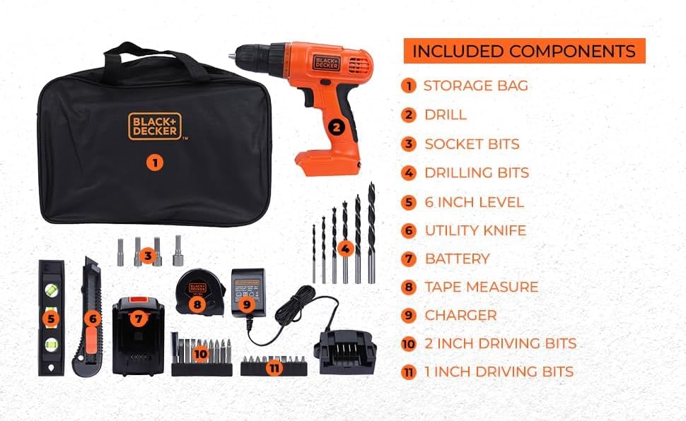 BLACK+DECKER 20V MAX Drill & Home Tool Kit, 34 Piece (BDCD120VA), Orange