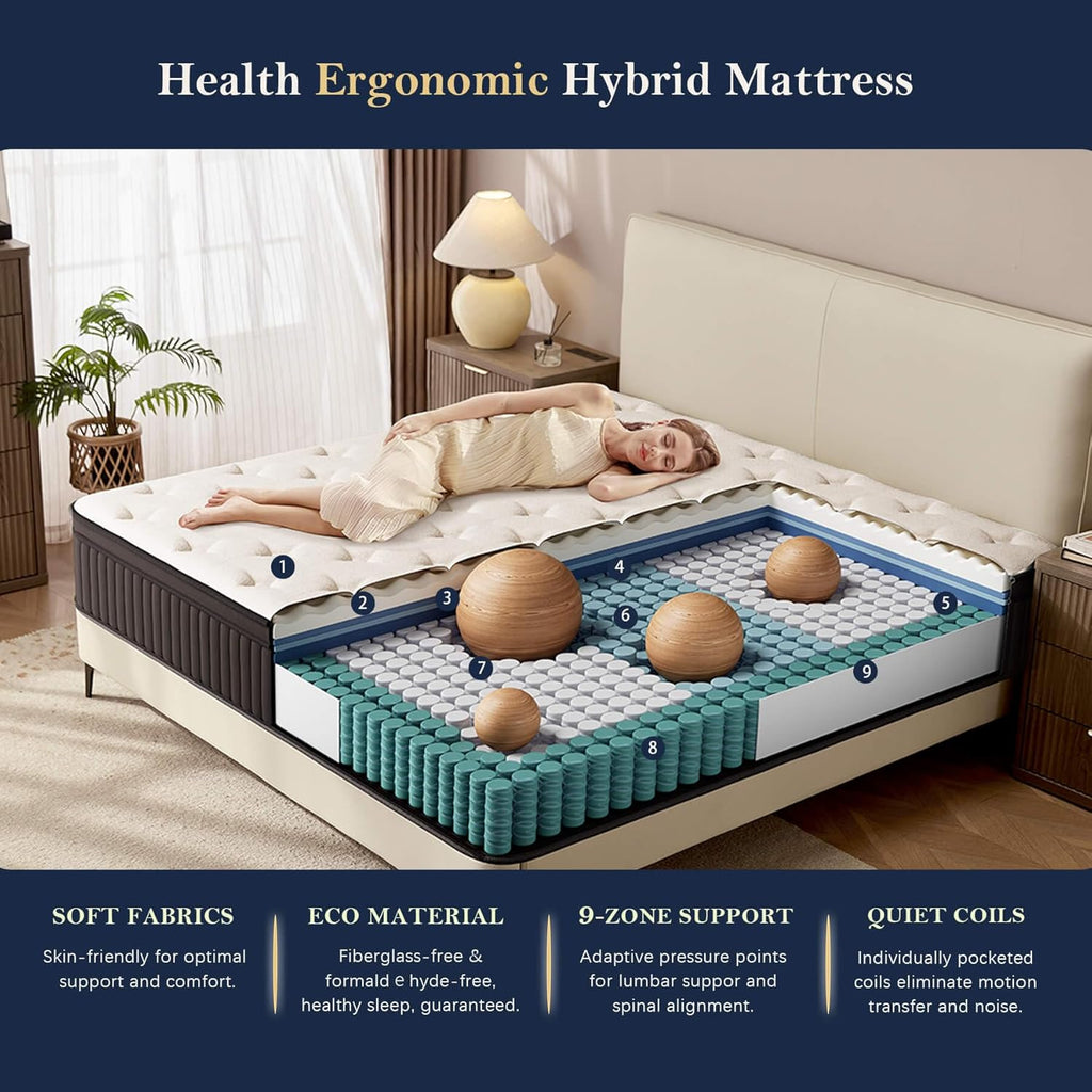 HELFIM® Queen Mattress - 12 Inch Medium Firm Ergonomic Mattress, Hybrid Zoned Pocket Springs with Memory Foam for Spinal Support & Motion Isolation - CertiPUR-US Certified, 365-Night Trial