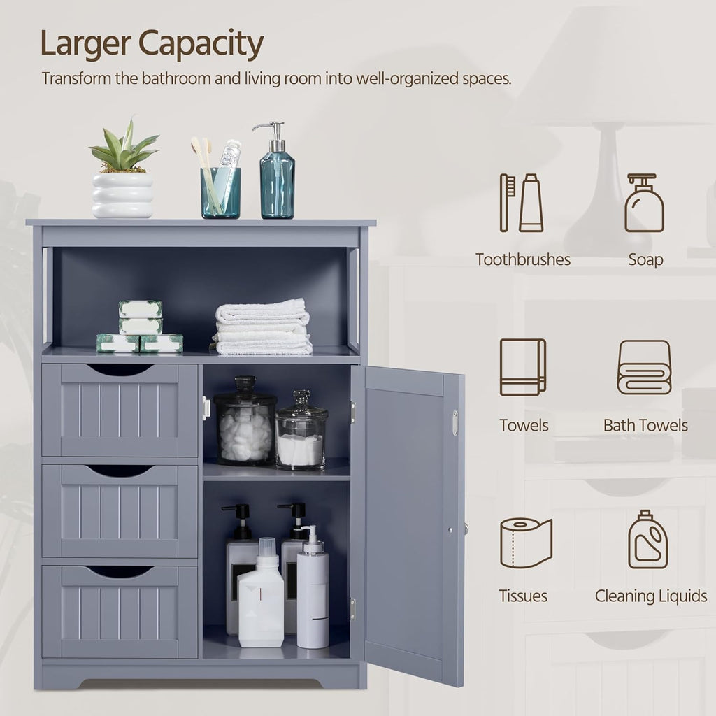 Yaheetech Bathroom Storage Cabinet Bathroom Floor Cabinet Freestanding Storage and Organizer with Door, 3 Drawers, Adjustable Shelf, 35.5 Inches Height, Gray