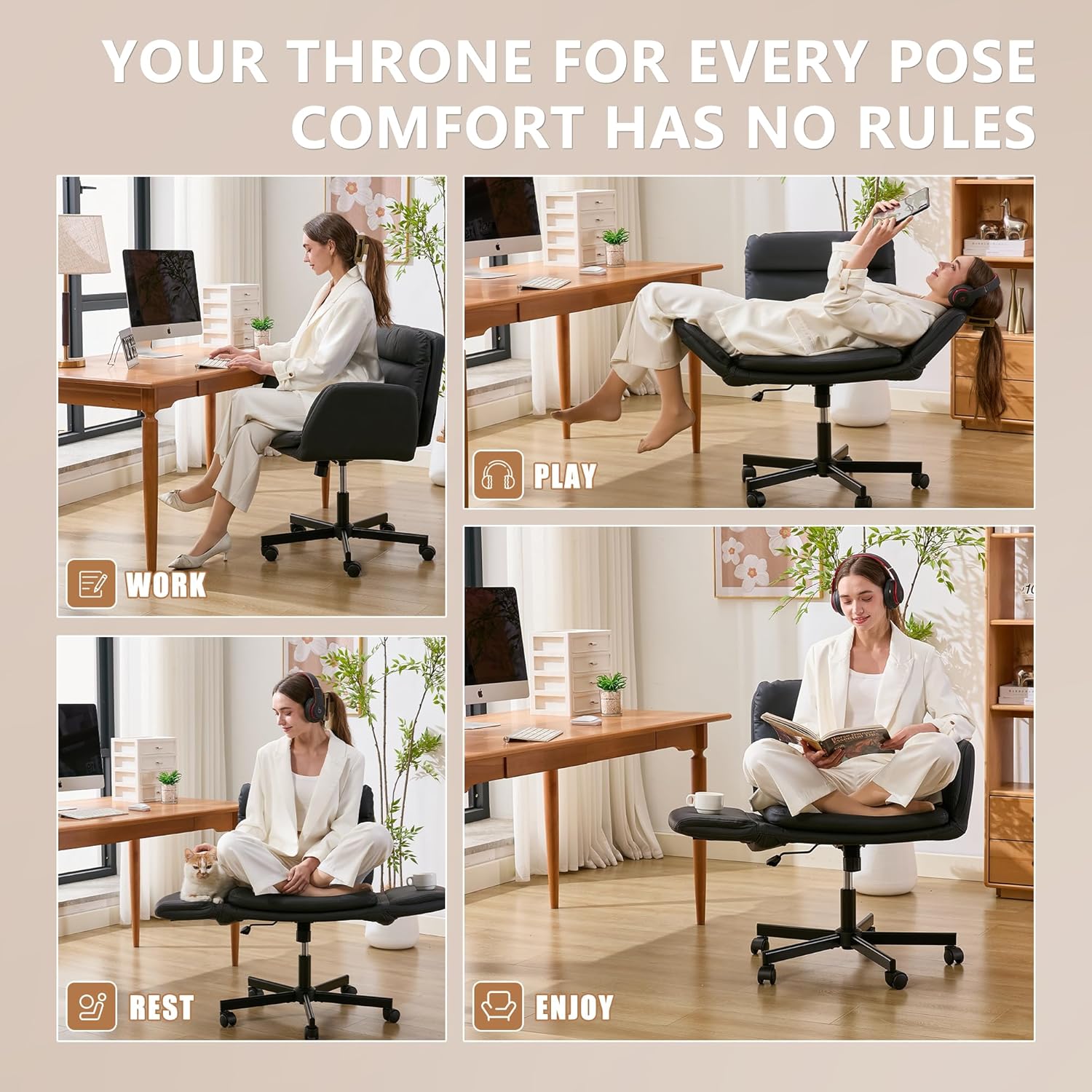 Criss Cross Chair with Flip-Up Arms & Swivel Wheels, Vanity Chair with Adjustable Height & Side Pockets, Comfortable Wide Seat Reclining Computer Office Desk Chairs for Home Office, Make Up, Bed Room