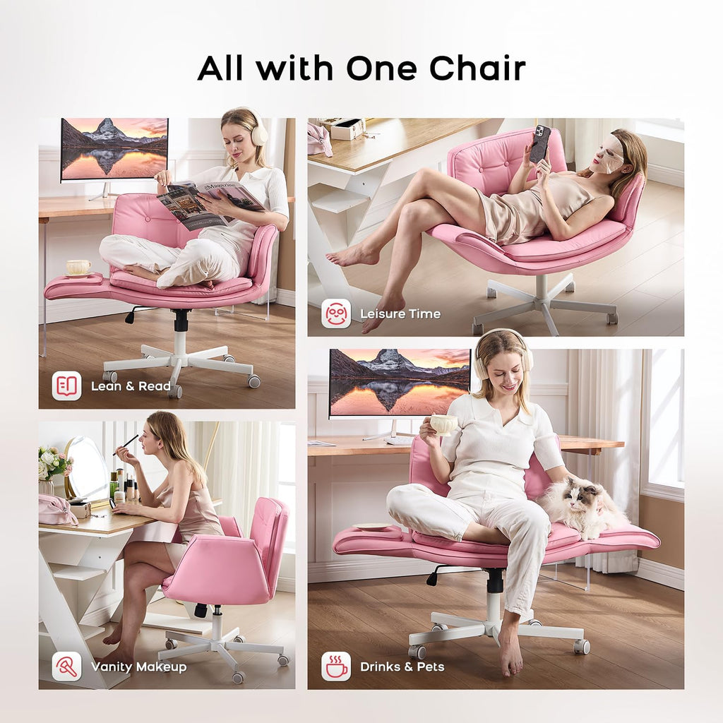 amseatec Criss Cross Chair with Armrests & Wheels, PU Leather Vanity Chair, Comfortable Adjustable Swivel Computer Office Desk Chairs for Home, Make Up, Bed Room (Pink)