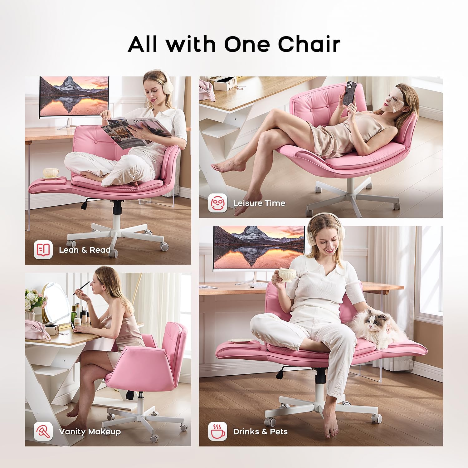 amseatec Criss Cross Chair with Armrests & Wheels, PU Leather Vanity Chair, Comfortable Adjustable Swivel Computer Office Desk Chairs for Home, Make Up, Bed Room (Pink)