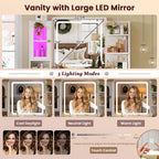 Hasuit White Vanity Desk with Mirror and LED Lights, Large Makeup Vanity Desk with 7 Drawers, Storage Shelves and RGB Glass Cabinet, Dressing Table for Bedroom with Charging Station, Lights Adjustable