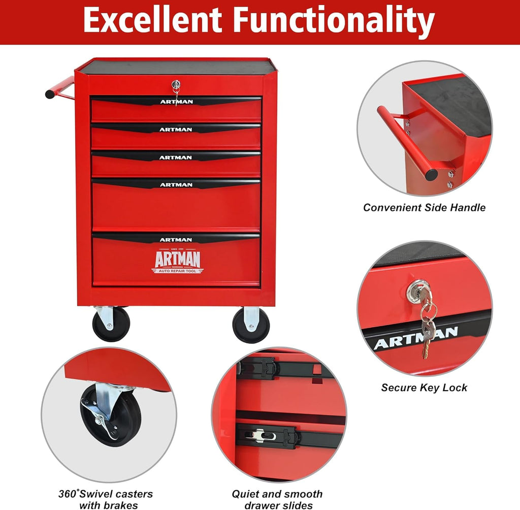 5 Drawers Tool Cart on Wheels, Multifunctional Rolling Tool Chest, Drawers Mobile Trolley Organizer Heavy Duty Tools Box with Locking Wheels & Ball Bearing Drawers (Red, 5 Drawers)