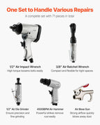 VEVOR 71 Pieces Pro Air Tool and Accessories Kit - 1/2" Air Impact Wrench, 3/8" Ratchet Wrench, 1/2" Die Grinder, 4500BPM Hammer, Blow Gun for Auto Repair, Home DIY Project - Storage Case Included
