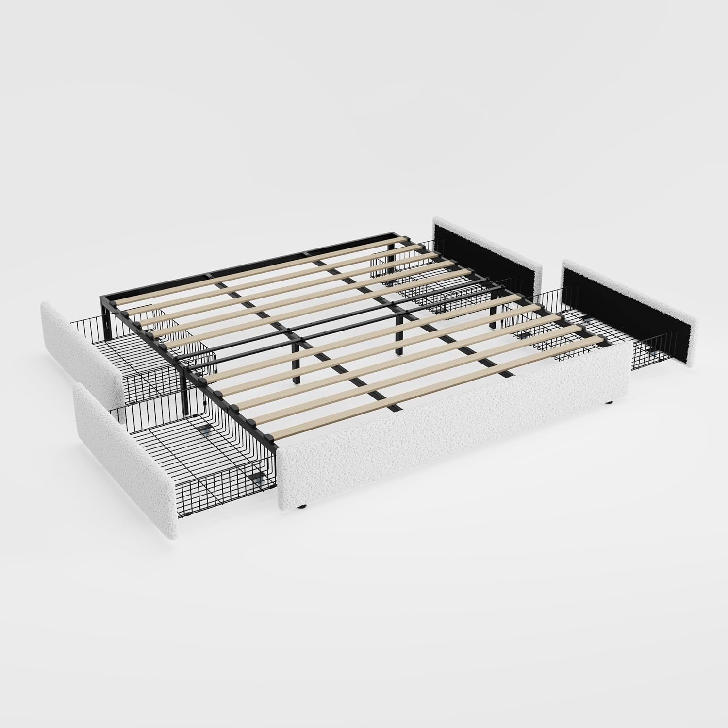 Allewie King Size Bed Frame with 4 Oversized Storage Drawers, Soft Teddy Fabric, Boucle Upholstered Platform Bed, Wooden Slats Support, Noise-Free, No Box Spring Needed, Easy Assembly, White