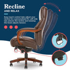 La-Z-Boy Delano Big and Tall Executive Office Chair - Ergonomic Lumbar Support Memory Foam - Bonded Leather Desk Chair for Home Office - Mahogany Wood Arms - Chestnut Brown