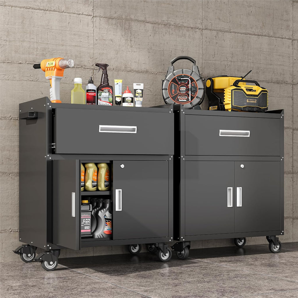 COFaR Rolling Tool Cabinet, 1-Drawer & 2-Door Metal Storage Cabinet with Adjustable Shelf, Lockable Wheels & Locking Doors, 35" H Heavy Duty Garage Tool Chest for Workshop, Garage, Office - Black