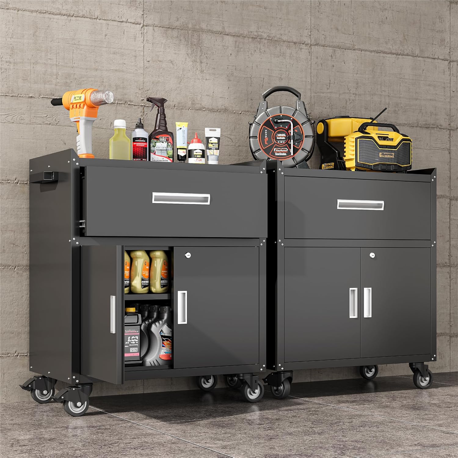 COFaR Rolling Tool Cabinet, 1-Drawer & 2-Door Metal Storage Cabinet with Adjustable Shelf, Lockable Wheels & Locking Doors, 35" H Heavy Duty Garage Tool Chest for Workshop, Garage, Office - Black
