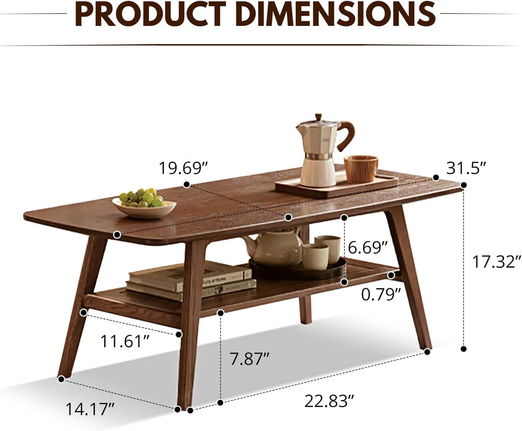 100% Solid Wood Coffee Table with Storage Shelf, 2-Tier Wooden Center Table for Living Room, Farmhouse Rustic Rectangle Table, Easy Assembly,31.49 Inch