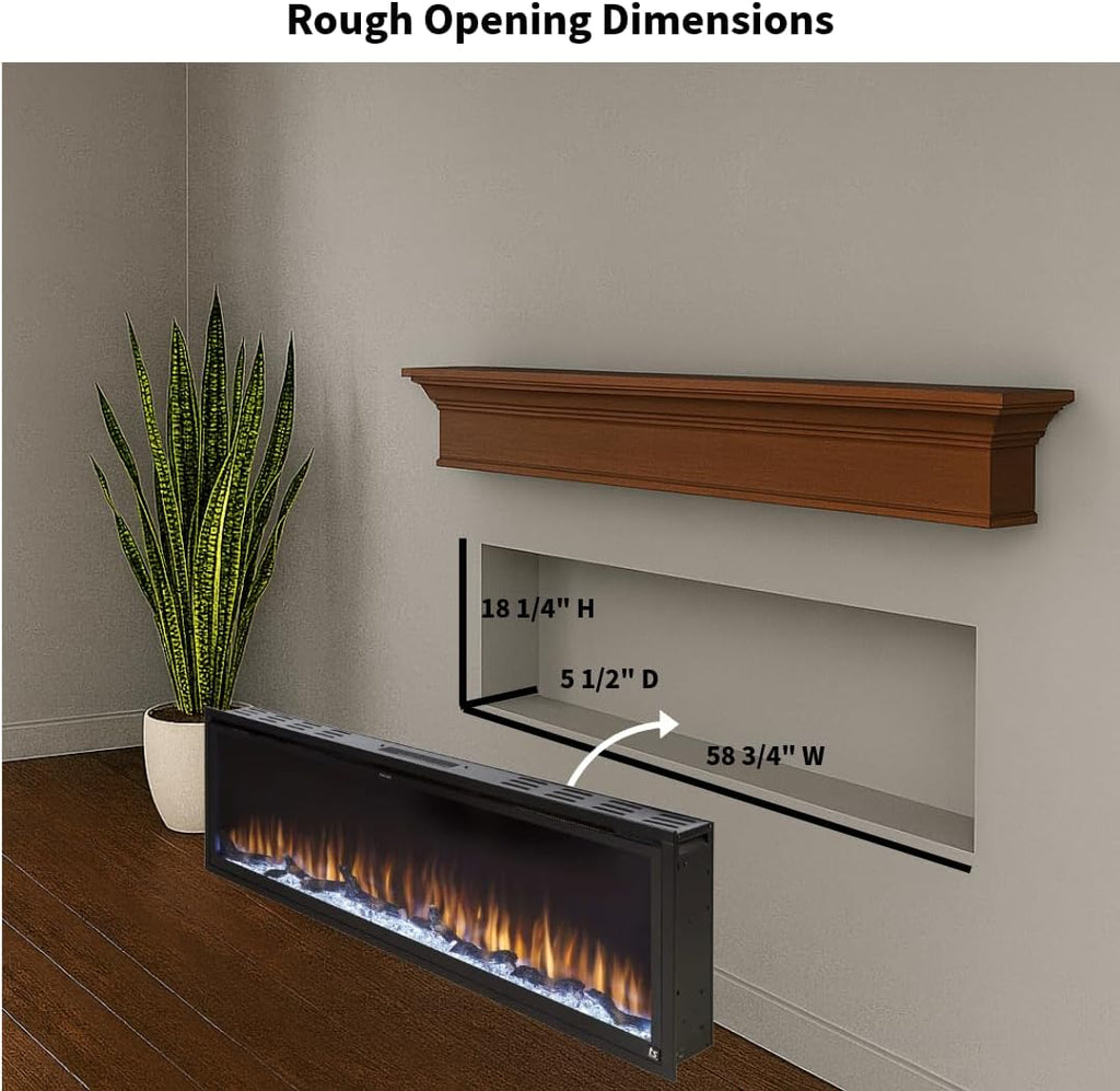 Touchstone Sideline Elite Smart 60” WiFi-Enabled Electric Fireplace - in-Wall Recessed - 60 Color Combinations - 1,500W Heater - Black - Log, Crystals & Driftwood - 80037