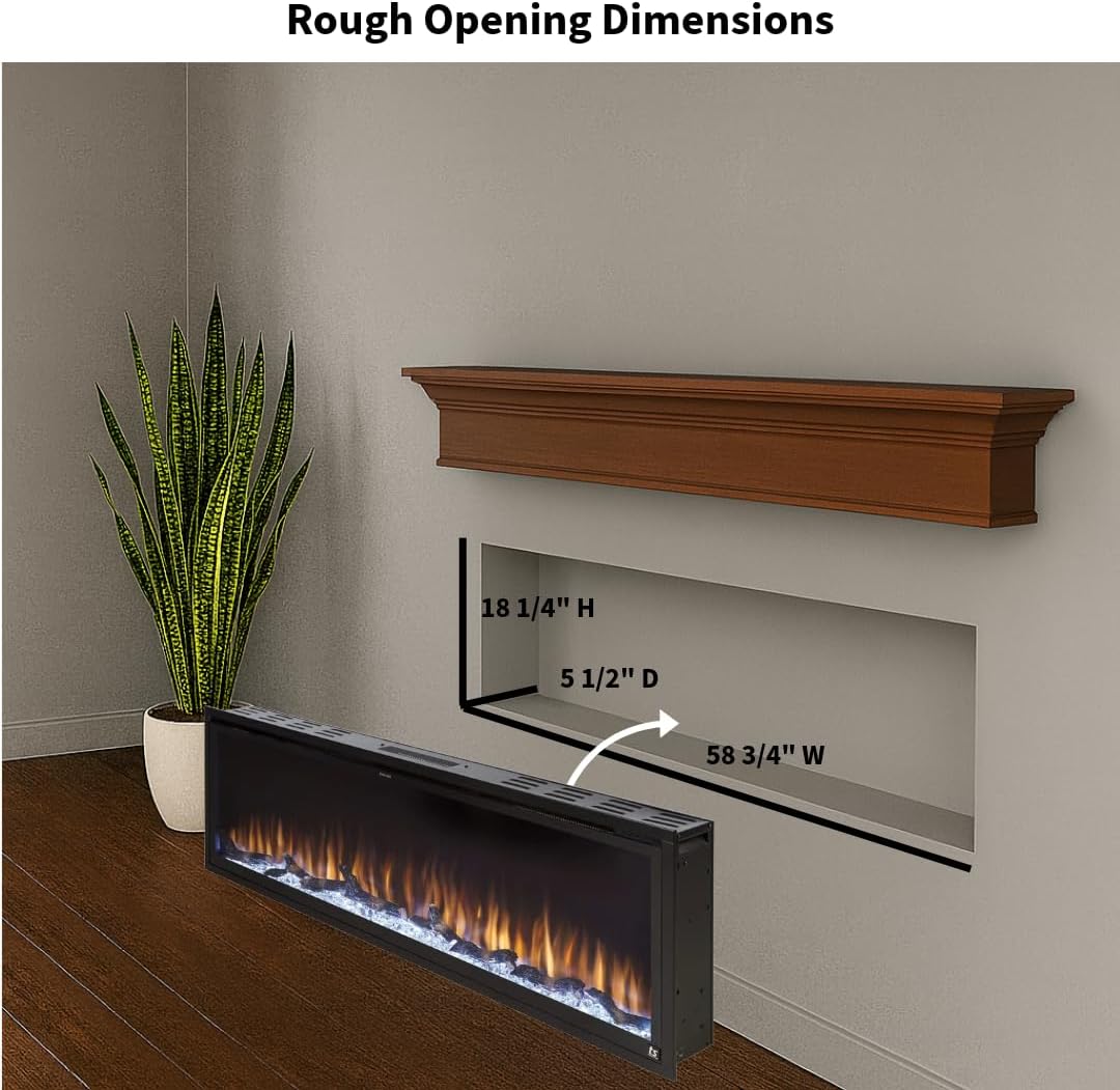 Touchstone Sideline Elite Smart 60” WiFi-Enabled Electric Fireplace - in-Wall Recessed - 60 Color Combinations - 1,500W Heater - Black - Log, Crystals & Driftwood - 80037