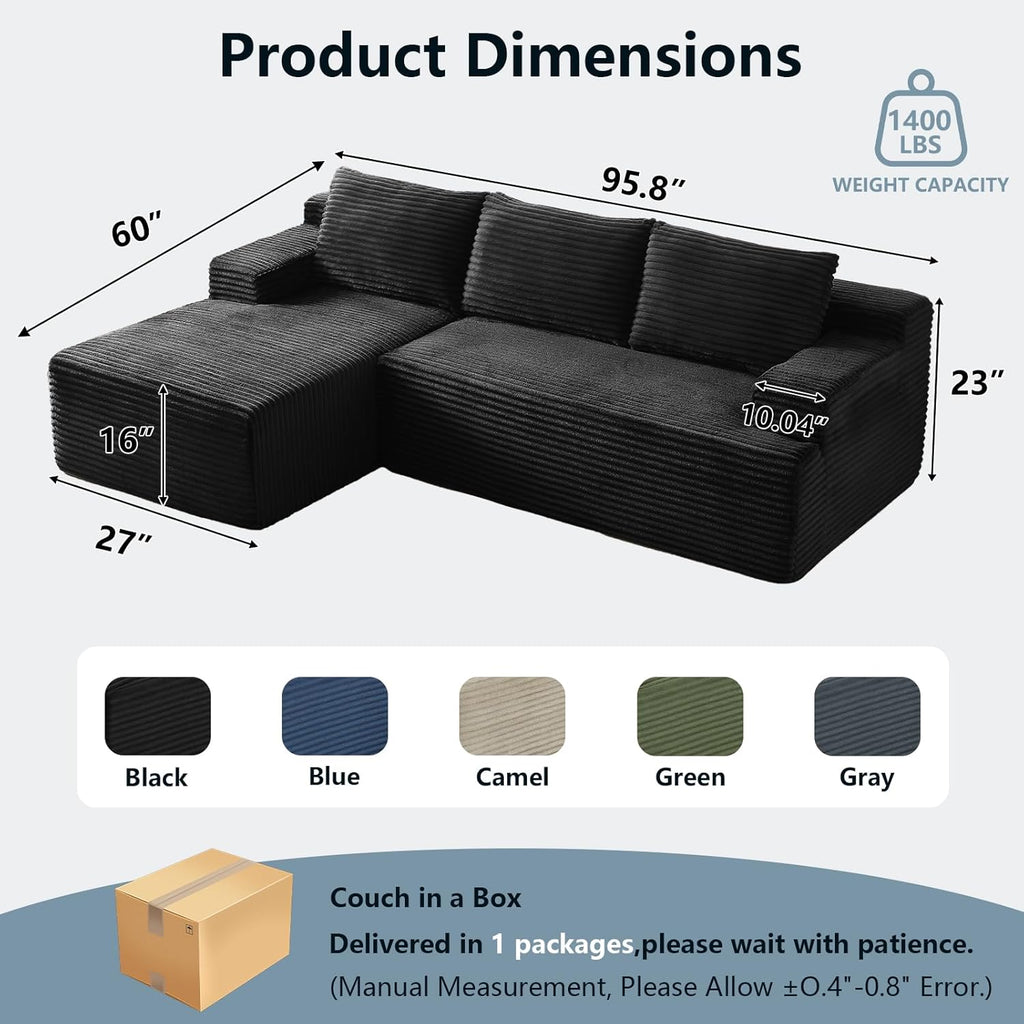96" Cloud Sectional Couch with L-Shape Chaise, Modern Corduroy Boneless Couch for Living Room,Memory Foam Sofa with Deep Seat,No Assembly Required (Black,Left-Facing Chaise)