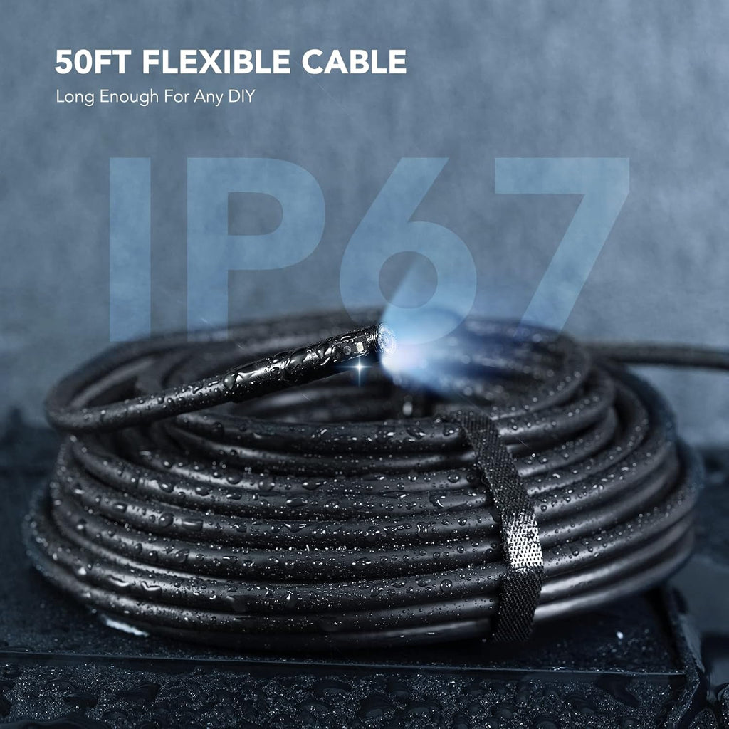 Triple Lens Endoscope Camera with Light with 50FT Semi-Rigid Cable, DEPSTECH 5" IPS Screen Sewer Inspection Camera, 1080P Industrial Borescope, Split Screen, Waterproof Drain Pipe Tool, Carrying Case
